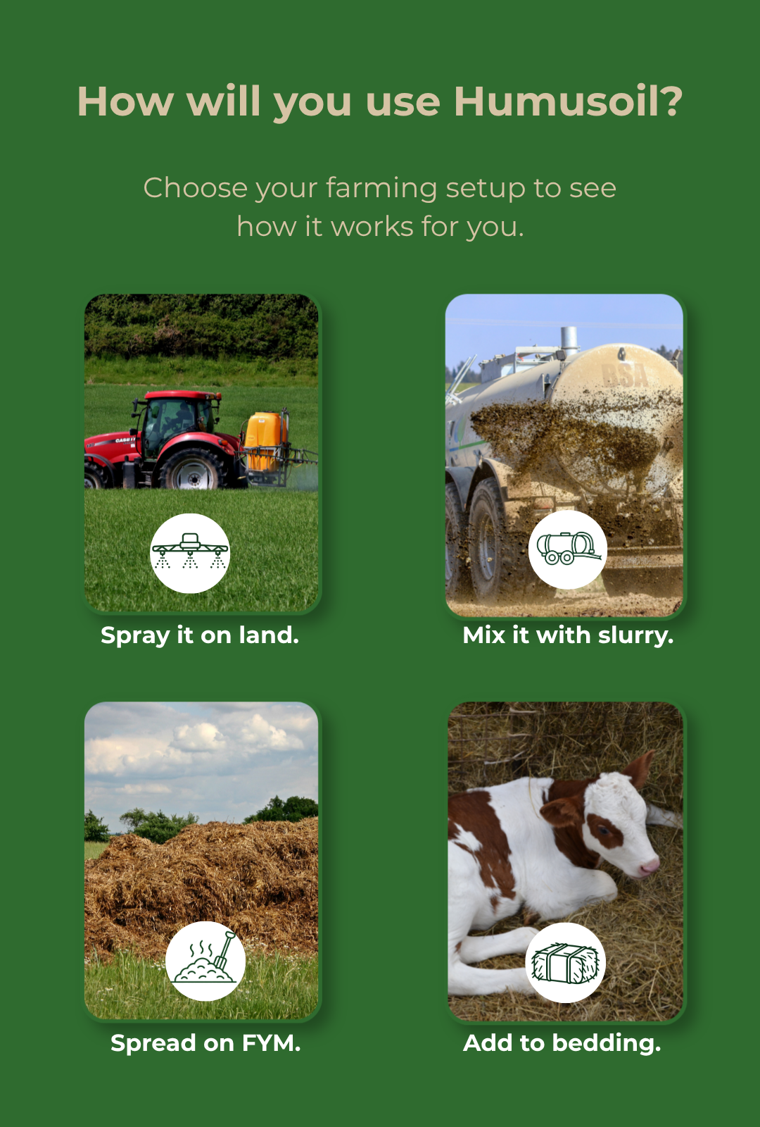 An informational graphic on a green background titled 'How will you use Humusoil?' showing four usage scenarios: spraying on land with a tractor, mixing with slurry on a tanker truck, spreading on hay with a sprayer, and adding to bedding with a cow. Text explains the farming setups.