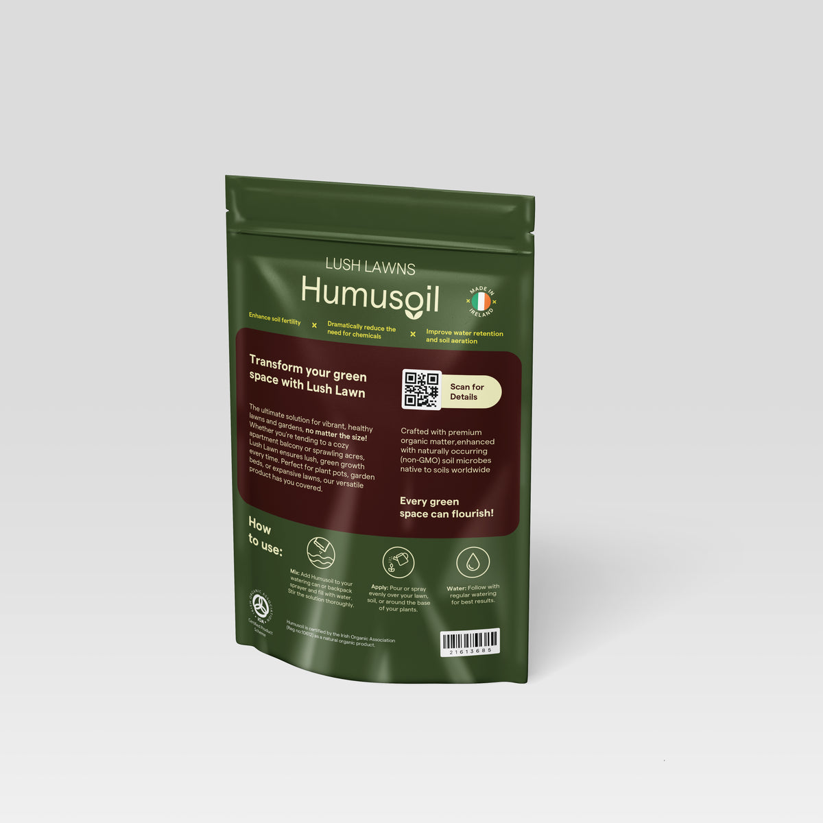 
                  
                    Humusoil Lush Lawns 200g pack – back packaging with directions for use
                  
                
