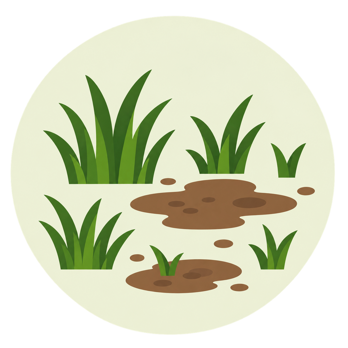 A circular vector illustration of a grassy field with green blades of grass and brown muddy puddles on a pale yellow-green background, isolated on a white canvas.